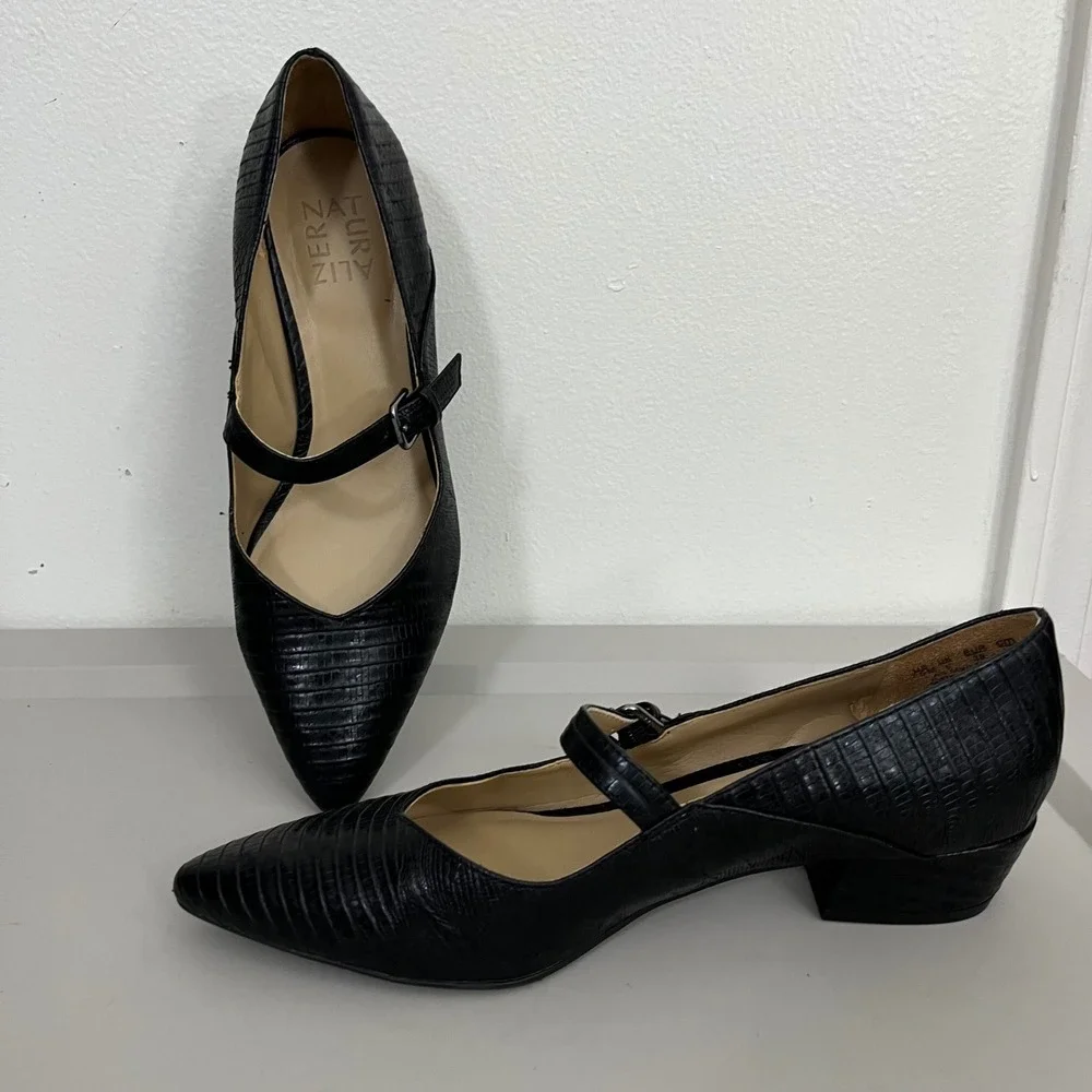 Naturalizer Florencia Mary Jane Pointed Toe Pumps 7.5M Faux Lizard Block Heel